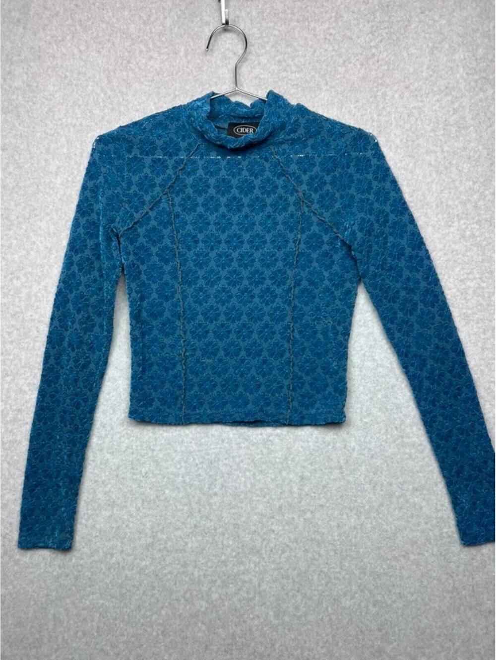 Cider Velvet Lace Top S Blue Floral Burnout Mock Neck Long Sleeve Whimsigoth Y2K